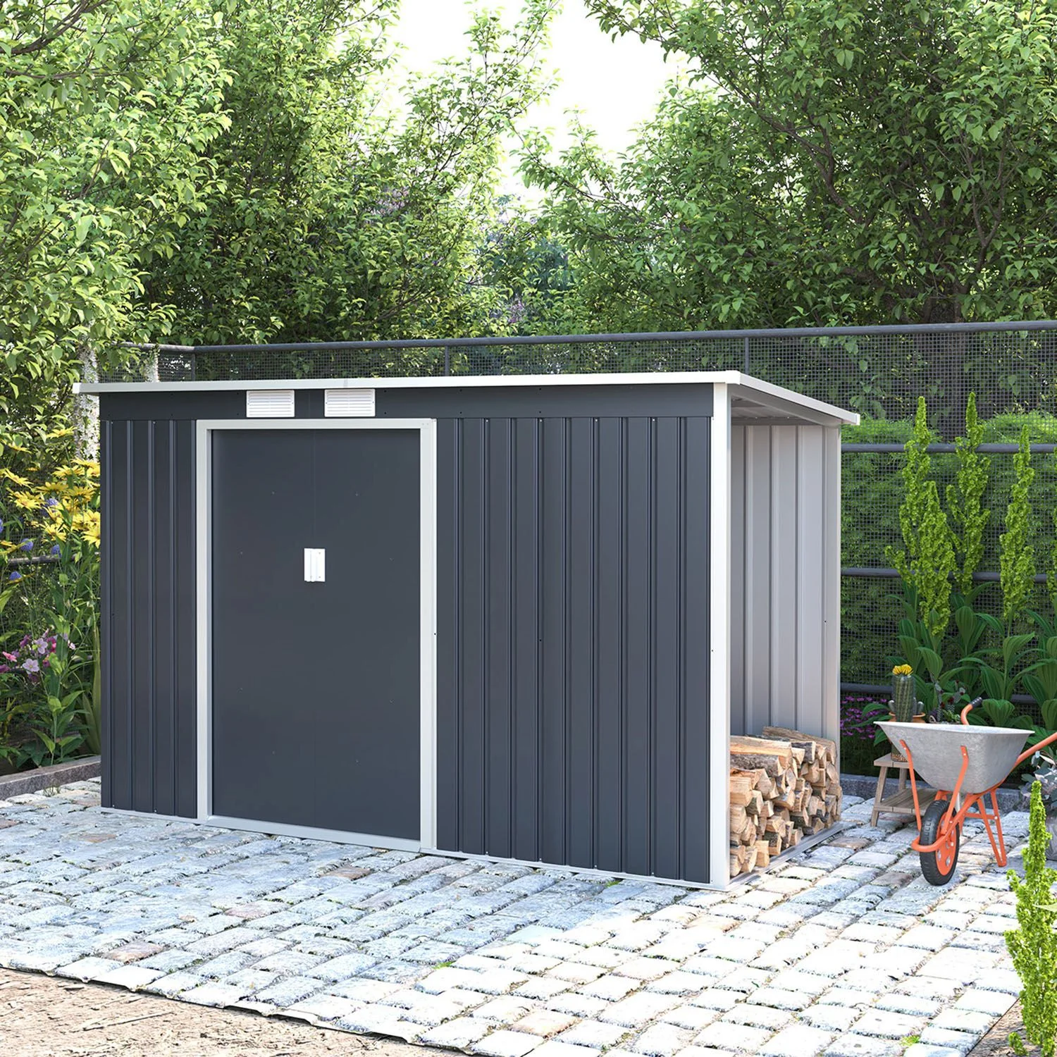 Metall Gerätehaus mit Holzunterstand - Image 35
